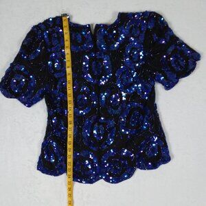 VTG Stenay Sequin Beaded Top Large 100% Silk Blue 80s Evening Wedding